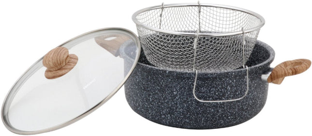 KingHoff KH-1985 Friteuse 4,0 Litres avec Panier - Revêtement Anti-Adhésif Marbre - Compatible Tous Feux y Compris Induction - 24 cm - Friteuse avec Panier
