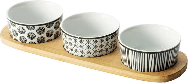 5Five Serveerplank/borrelplank hapjes/saus/tapas - aardewerk - wit - met 3x schaaltjes