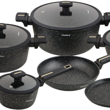 Klausberg Set de casseroles 12 pièces - Revêtement antiadhésif en marbre noir - Compatible induction - Casseroles et couvercles inclus - KB-7966 - Batterie de cuisine - Ensemble de cuisson -