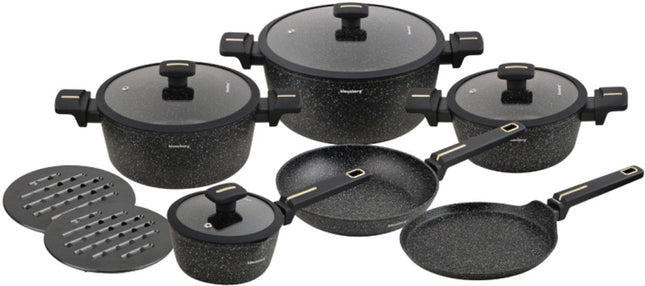Klausberg Set de casseroles 12 pièces - Revêtement antiadhésif en marbre noir - Compatible induction - Casseroles et couvercles inclus - KB-7966 - Batterie de cuisine - Ensemble de cuisson -