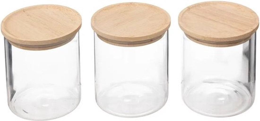 5Five Glass jars 350 ml with airtight rubberwood lid - Set of 3 - Transparent