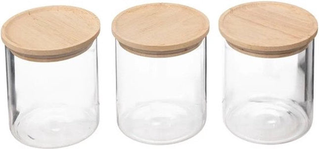 5Five Bocaux en verre 350ml avec couvercle hermétique en bois de caoutchouc - Lot de 3 - Transparent