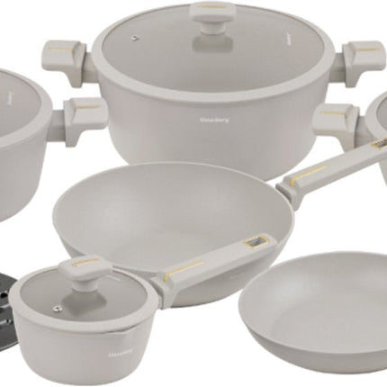 Klausberg KB-7969 Set de casseroles 12 pièces Beige | Poêle Wok incluse | Revêtement antiadhésif | Compatible tous feux dont induction | Couvercles en verre | Set de casseroles