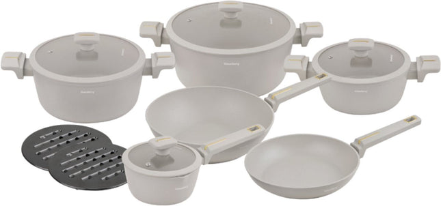 Klausberg KB-7969 Set de casseroles 12 pièces Beige | Poêle Wok incluse | Revêtement antiadhésif | Compatible tous feux dont induction | Couvercles en verre | Set de casseroles