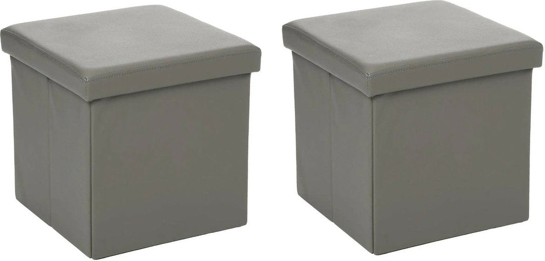 Atmosphera Poef / Hocker / voetenbankje - 2x - opbergbox - grijs - pvc / mdf - 38 x 38 cm - opvouwbaar