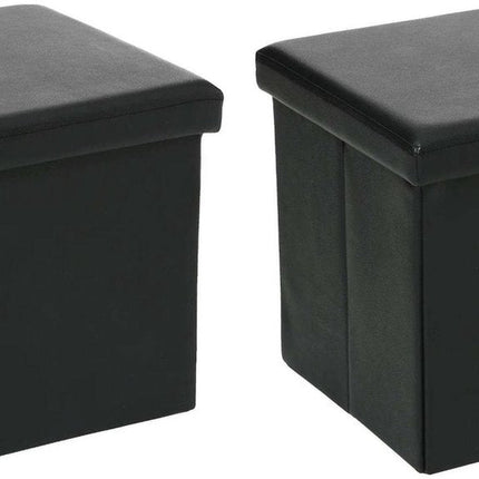 Atmosphera Pouf/Repose-pieds - 2x - coffre de rangement - noir - PVC/MDF - 38 x 38 cm - pliable