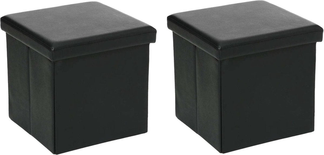 Atmosphera Poef / Hocker / voetenbankje - 2x - opbergbox - zwart - pvc / mdf - 38 x 38 cm - opvouwbaar