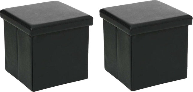 Atmosphera Pouf/Repose-pieds - 2x - coffre de rangement - noir - PVC/MDF - 38 x 38 cm - pliable