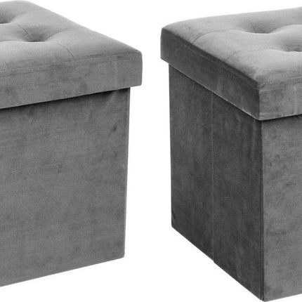 Atmosphera Pouf/tabouret/repose-pieds - 2x - boîte de rangement - gris argenté - PU/MDF - 38 x 38 cm - pliable