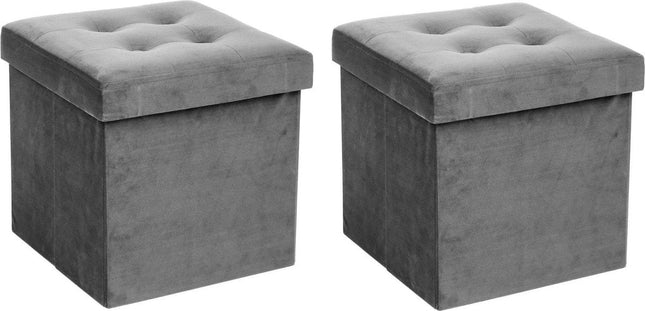 Atmosphera Pouf/tabouret/repose-pieds - 2x - boîte de rangement - gris argenté - PU/MDF - 38 x 38 cm - pliable