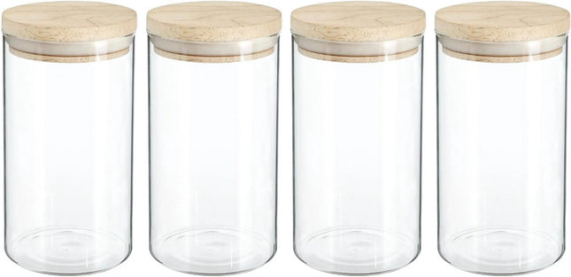 Lot de 4 bocaux/pots de conservation 1L en verre avec couvercle en bois - 1000 ml - Pots de conservation avec couvercle hermétique