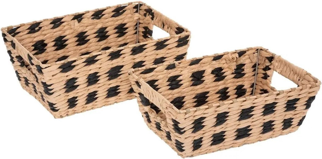 Set of 3x woven wicker storage baskets rectangular beige / black - Cupboard / bathroom baskets in various sizes