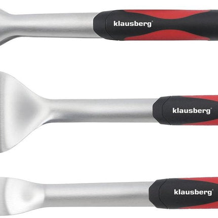 Klausberg KB-7899 Set Barbecue - Set de 3 ustensiles de gril en acier inoxydable avec poignées en plastique (Spatule, Fourchette & Pince) - Joli coffret cadeau pour les amateurs de Kamado / Weber !