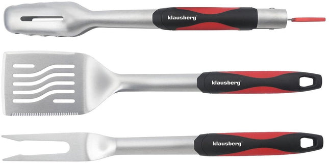 Klausberg KB-7899 Set Barbecue - Set de 3 ustensiles de gril en acier inoxydable avec poignées en plastique (Spatule, Fourchette & Pince) - Joli coffret cadeau pour les amateurs de Kamado / Weber !