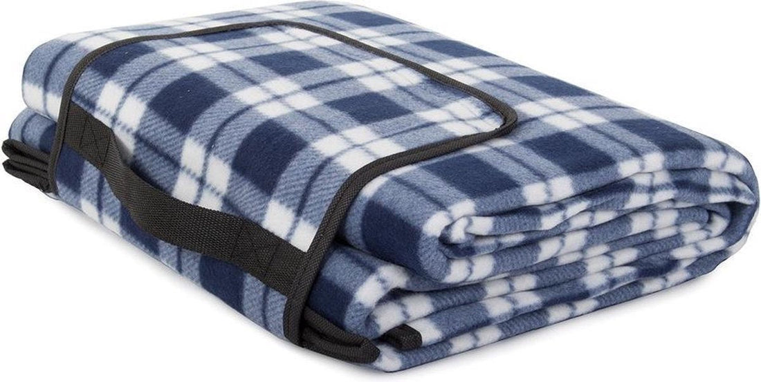 Picknickdecke - 200 x 150 cm - Blau kariert - der Griff - wasserabweisende Unterseite