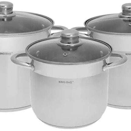 KINGHoff Set de casseroles en inox 3 pièces – 7,2L / 9L / 11,1L – Compatible induction – Acier inoxydable avec couvercle en verre – Batterie de cuisine
