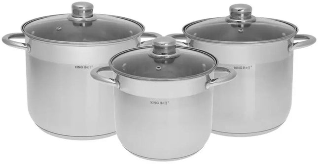 KINGHoff Set de casseroles en inox 3 pièces – 7,2L / 9L / 11,1L – Compatible induction – Acier inoxydable avec couvercle en verre – Batterie de cuisine