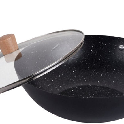 KINGHoff KH1984 Wok 30 cm avec Couvercle - Poêle à Frire pour Cuisine Asiatique - Compatible Tous Feux dont Induction - Manche en Bois - Revêtement Antiadhésif
