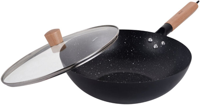 KINGHoff KH1984 Wok 30 cm avec Couvercle - Poêle à Frire pour Cuisine Asiatique - Compatible Tous Feux dont Induction - Manche en Bois - Revêtement Antiadhésif