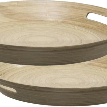 2 plateaux/plats de service ronds D42 cm bambou marron avec poignées - Plats de service, plateaux et ustensiles de cuisine