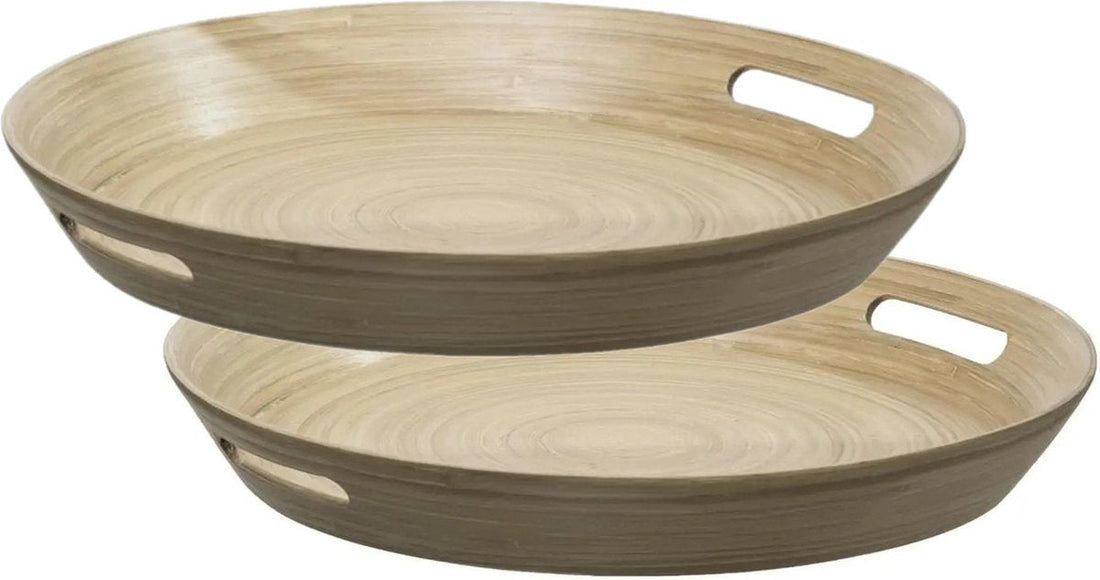 2x round trays/serving trays D42 cm bamboo brown with handles - Serving trays, trays & kitchen supplies