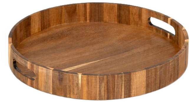 Plateau rond décoratif 5Five en bois d'acacia - 35 x 5 cm - marron clair - Bord haut et relevé - pour verres et tasses