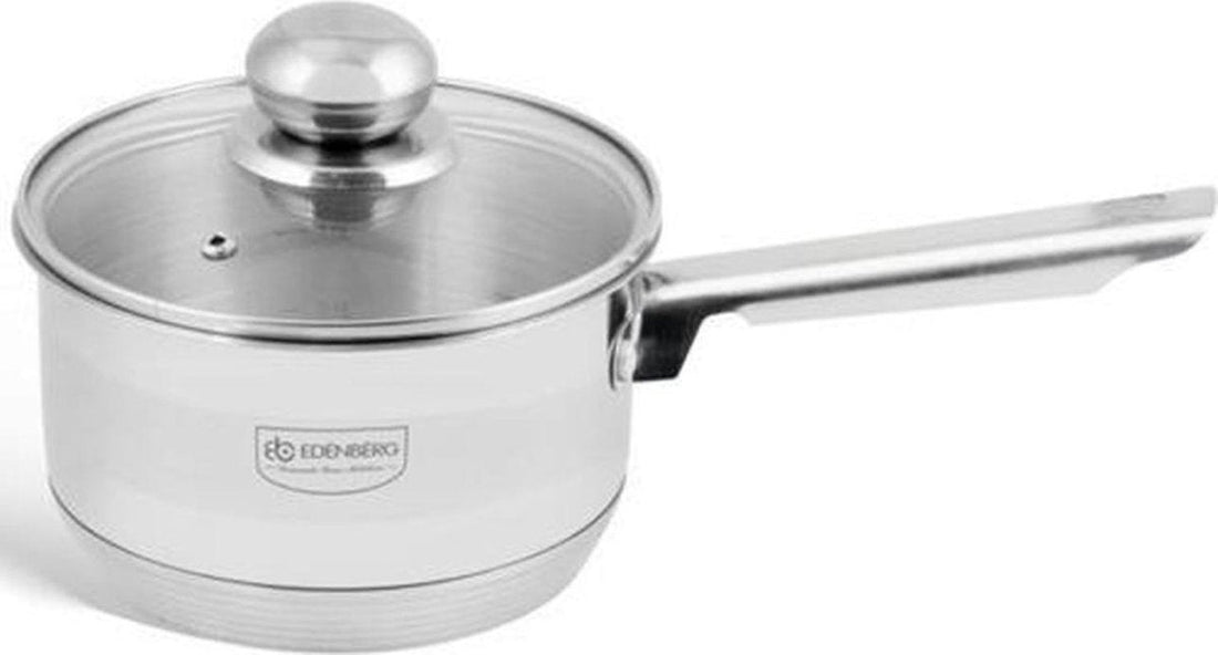 Edënbërg Classic Line - Edelstahl-Stielkasserolle mit Glasdeckel Ø 14 cm - 1,0 L - 5-Schicht-Boden!