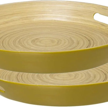 5Five Plateau de service rond - 2 pièces - D42 cm - bois de bambou - jaune ocre - avec poignées - Plateaux de service
