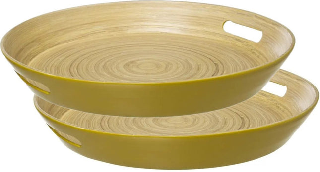 5Five Plateau de service rond - 2 pièces - D42 cm - bois de bambou - jaune ocre - avec poignées - Plateaux de service