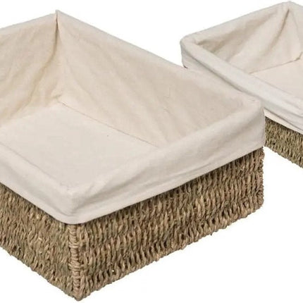 Lot de 2 paniers de rangement tressés en jonc de mer avec doublure en coton - Paniers de rangement pour armoire/salle de bain de différentes tailles