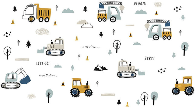 Sticker mural Tracteurs et Excavateurs - Ensemble de véhicules de construction - 50x90 cm - Stickers de véhicules pour chambre de garçon et plafond - Sticker mural