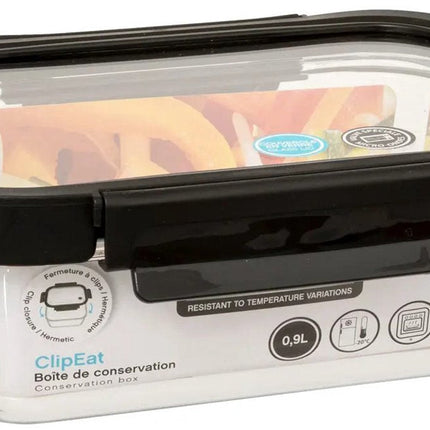 5Five Vershoudbakje met deksel - 2x - glas - luchtdicht - met clips - 21 x 17 x 7 cm - 900 ml - zwart/transparant