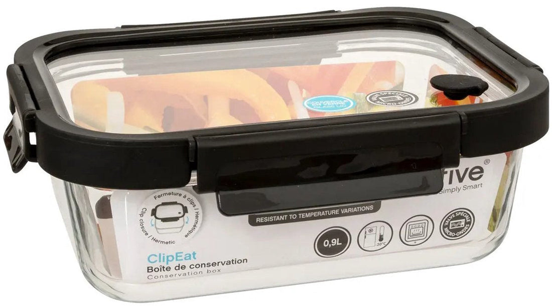 5Five Food storage container with lid - 2x - glass - airtight - with clips - 21 x 17 x 7 cm - 900 ml - black / transparent
