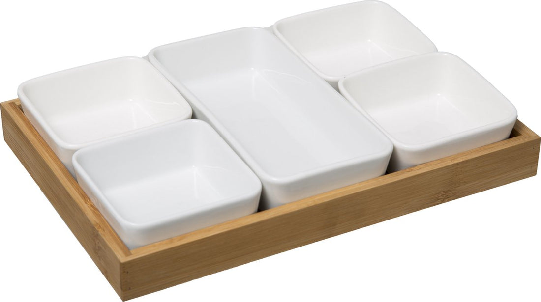 Secret de Gourmet bamboo porcelain appetizer set - 6 bowls + wooden tray