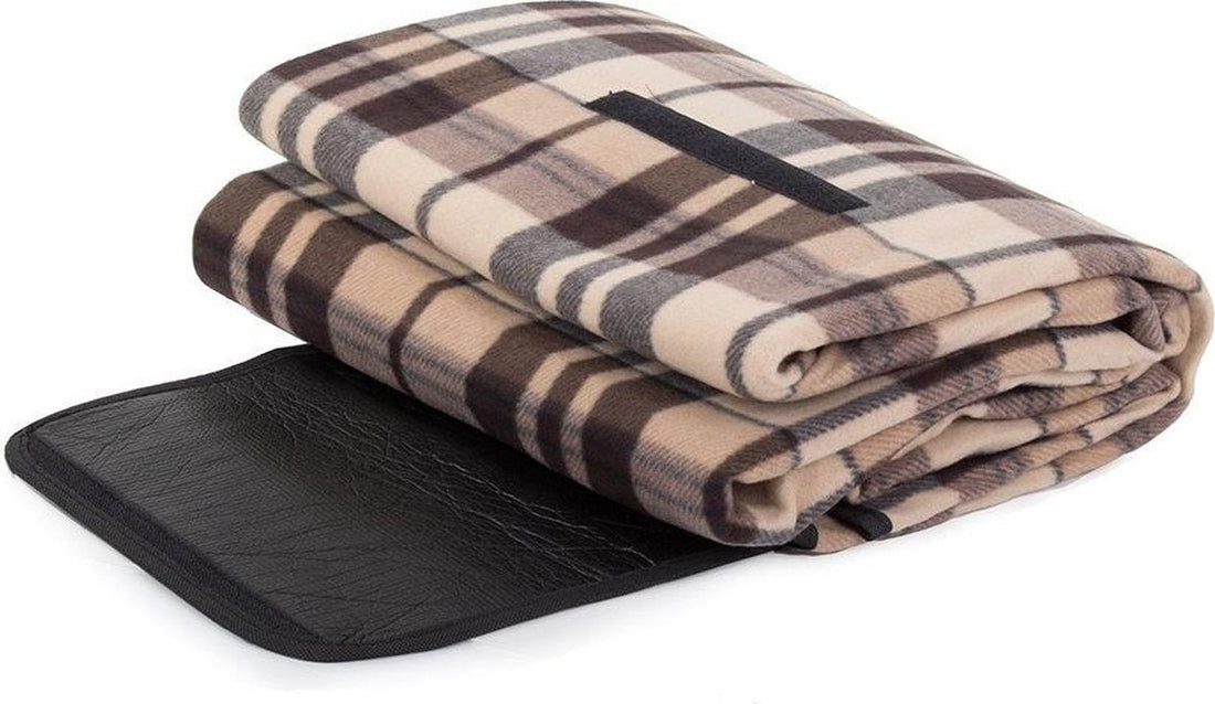 Picnic blanket - 200 x 150 cm - Brown/beige plaid - with handle - water-repellent backing