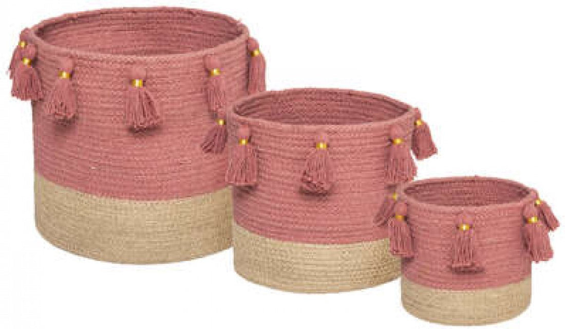 Set van 3 boho opbergmanden met pompoms – jute en katoen, naturel met oudroze