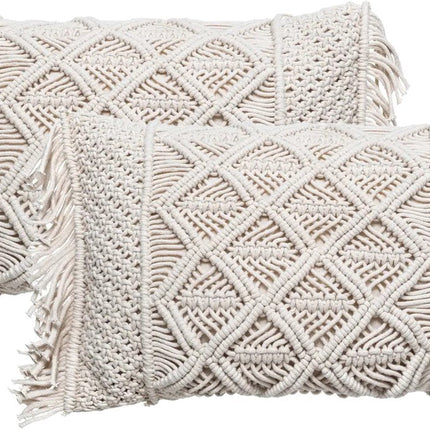 Coussin décoratif Atmosphera Macramé Ibiza pour intérieur - 2x - blanc ivoire - 30 x 50 cm - coton/polyester