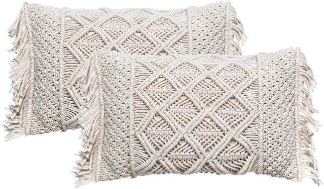 Coussin décoratif Atmosphera Macramé Ibiza pour intérieur - 2x - blanc ivoire - 30 x 50 cm - coton/polyester