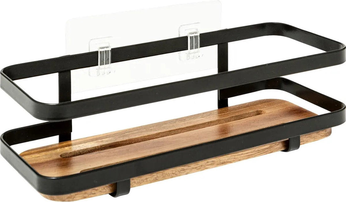 5Five Bathroom shower caddy organizer - black metal/acacia wood - suction cups - 25 x 10 x 8 cm
