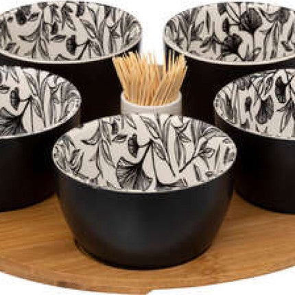 Aperitiefset zwart met bloem. 28cm Secret de gourmet
