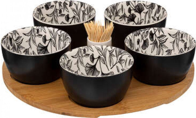 Aperitiefset zwart met bloem. 28cm Secret de gourmet