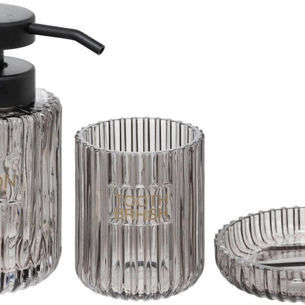 Ensemble d'accessoires de salle de bain 3 pièces – Verre gris – Porte-savon, porte-brosse à dents et distributeur de savon – Design moderne