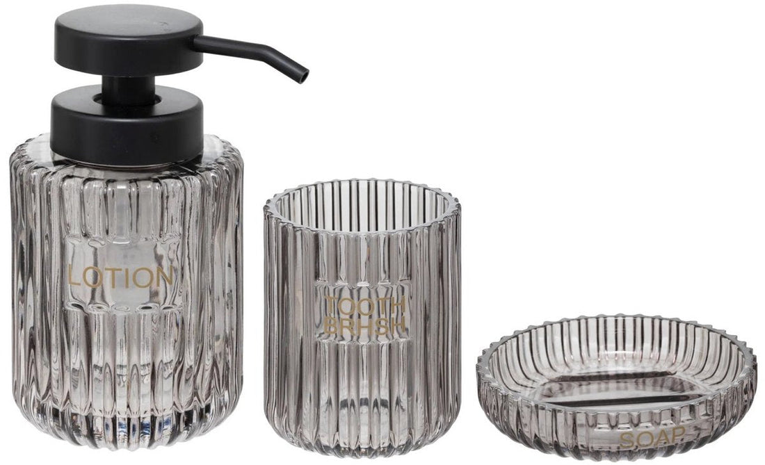 Badkameraccessoires Set van 3 – Grijs Glas – Zeepbakje, Tandenborstelhouder & Zeepdispenser – Modern Design