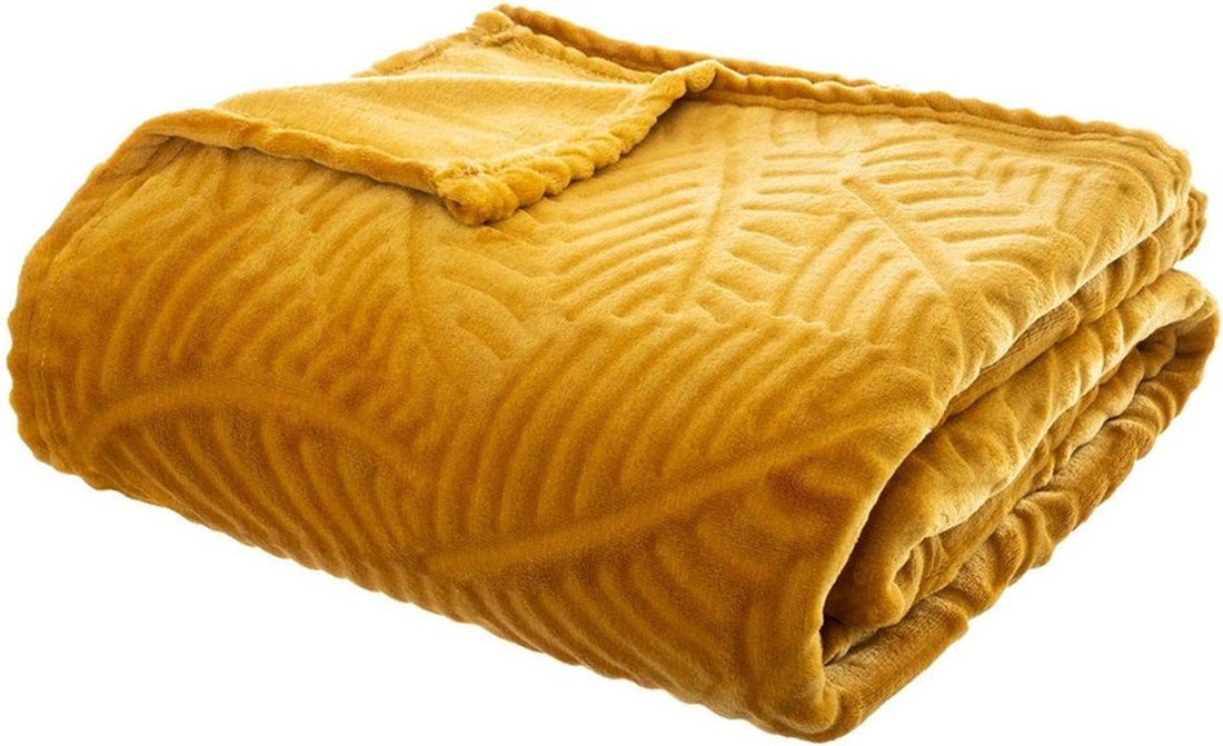 Fleece Plaid Leaves - 220 cm x 240 cm - Geel