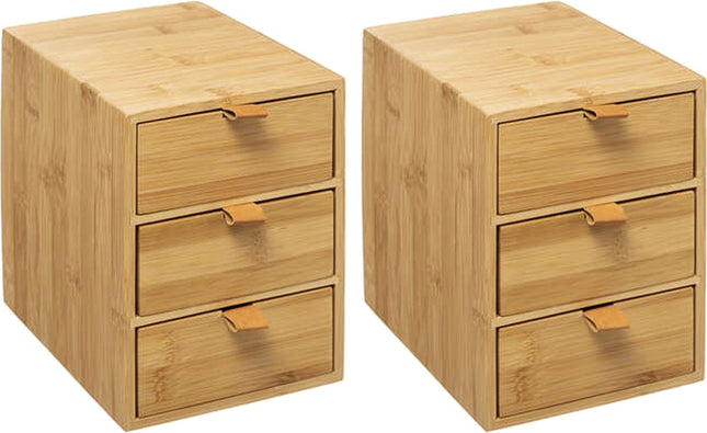 5Five Bloc de rangement/organisateur de bureau 3 tiroirs - 2 pièces - bois de bambou - L20 x l15 x H21 cm - marron clair