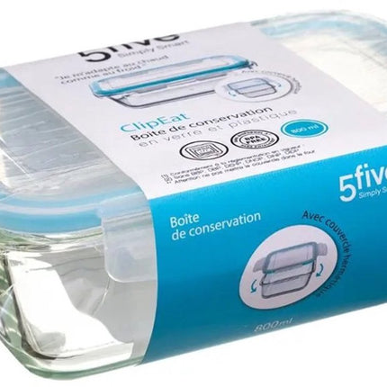 Set van 5 Kristalglas Lunchboxen – 800 ml Vershoudbakjes met Lichtblauw Randje – Glazen Lunchbox voor Salade, Maaltijden of Meal Prep – 18,5 x 12,5 x 6 cm