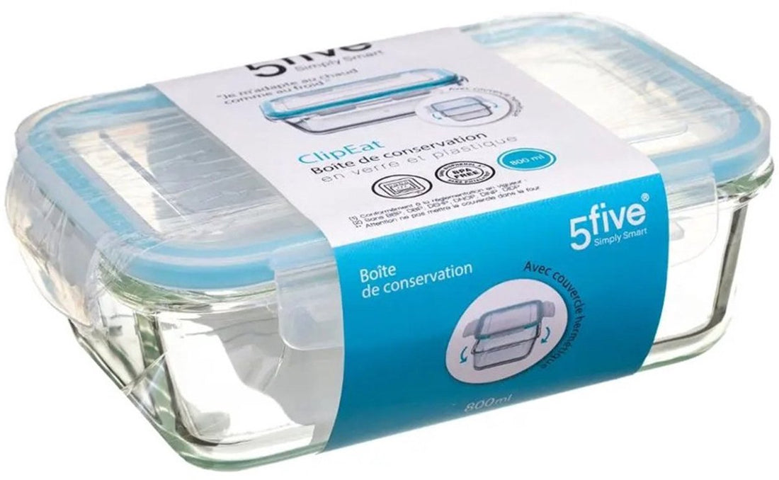 Set of 5 Crystal Glass Lunch Boxes – 800 ml Food Containers with Light Blue Rim – Glass Lunch Box for Salads, Meals, or Meal Prep – 18.5 x 12.5 x 6 cm
