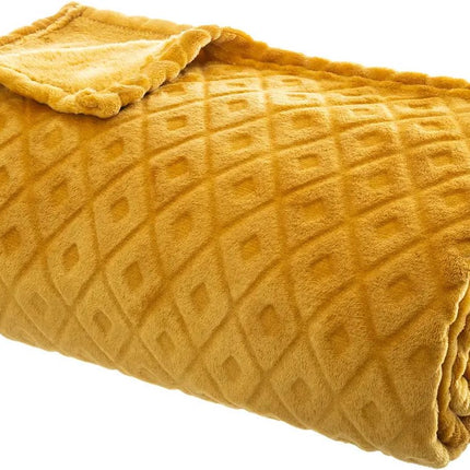 Atmosphera Plaid/bankdeken Monnet - okergeel - 180 x 230 cm - polyester fleece - ruitmotief - bedsprei