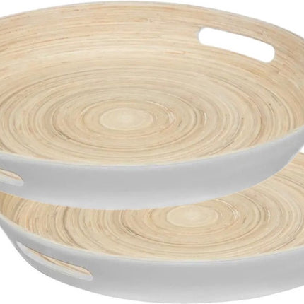 5Five Plateau de service rond – lot de 2 – D42 cm – bambou – blanc – avec poignées – Plateaux de service