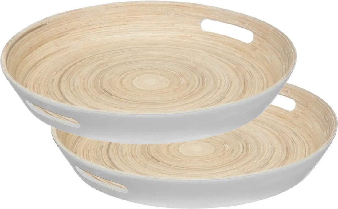 5Five Tray/serving tray round - 2x pieces - D42 cm - bamboo wood - white - with handles - Trays